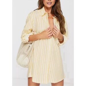 Aerie Oversized Yellow Button-up Striped Shirt Size Large